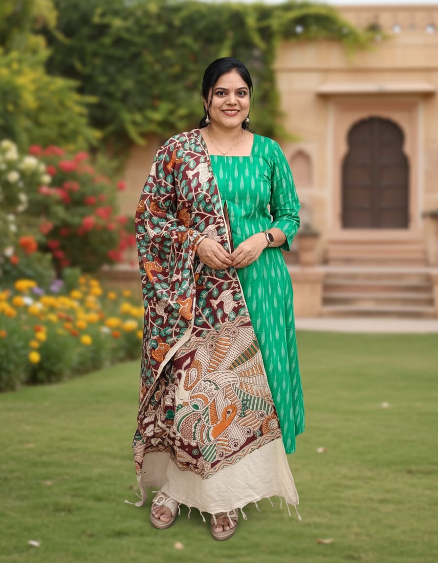 PSQ031 - Green Ekkat with Kalamkari duppata (top & duppata)