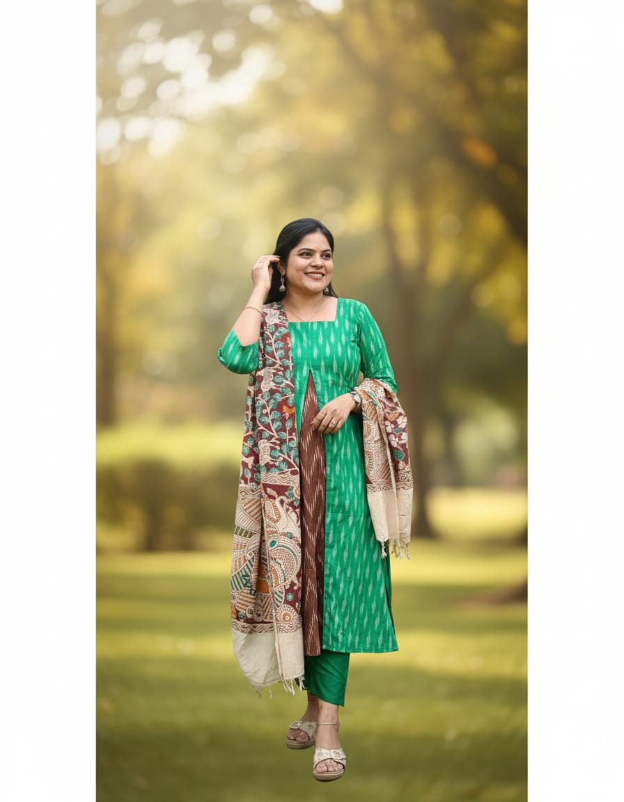 PSQ031 - Green Ekkat with Kalamkari duppata (top & duppata)